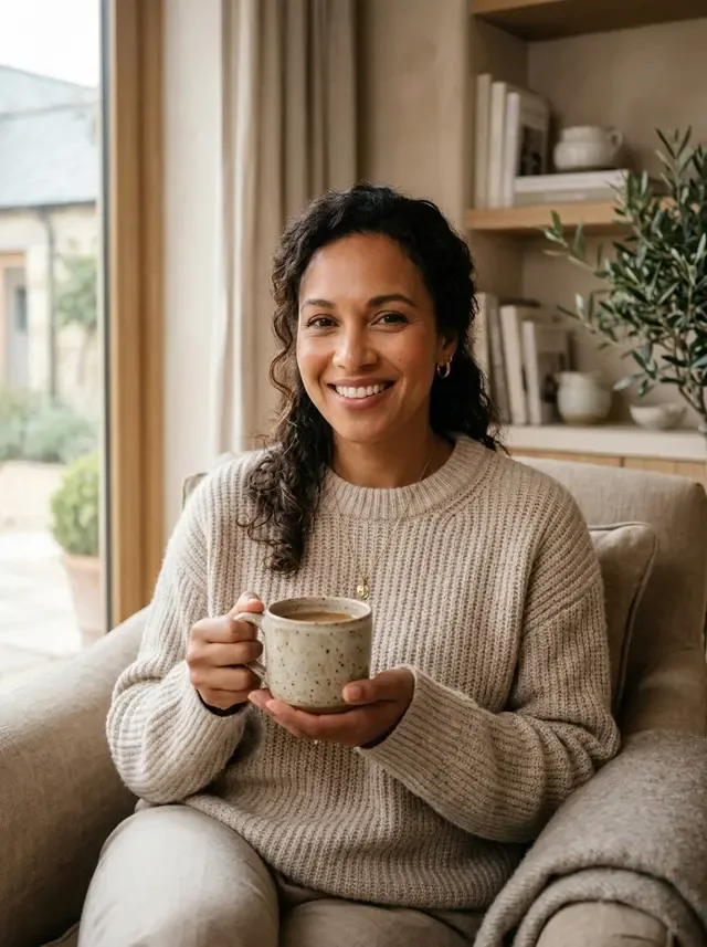 Mulher sorrindo com uma xícara de café nas mãos, imagem do site da Riso Odontologia